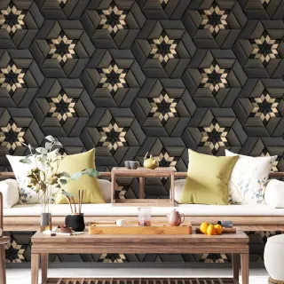 Papel de Parede Lavável Autocolante Geométrico Flor 3D Dourado e Cinza Escuro - Sala Quarto - Único