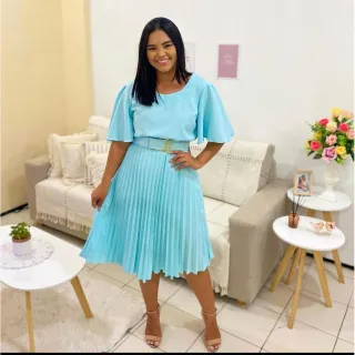 Moda Evangélica - Saia Plissada Mid - Azul Marinho