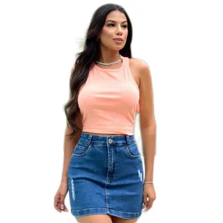 Saia Jeans Cintura Alta Elastano Bainha Rasgada Curta - Azul