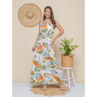 Lançamento primavera verão 2020-27: Vestido longo feminino estampado com bojo - 2020-09 Azul