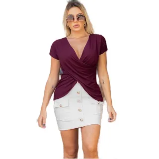 Moda Feminina Blusa Cruzada Decotada Manga Curta Transpassada - Fúcsia