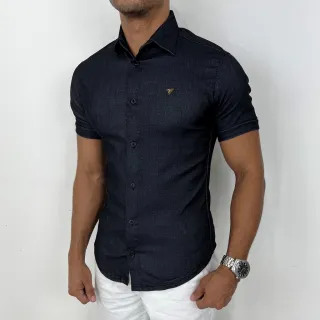 Camisa Masculina Slim Social Jeans Manga Curta com Bengaline Elastano - Preto Grafite