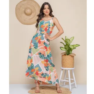 Lançamento primavera verão 2020-27: Vestido longo feminino estampado com bojo - 2020-09 Azul