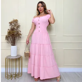 Vestido Longo Feminino com Estilo Ciganinha, Botões e Lastex na Cintura - Moda Verão - Azul Bebê