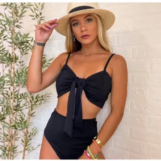 Feminino Biquíni Estampado Cintura Alta Laço Hot Pants CD033 - Listrado preto