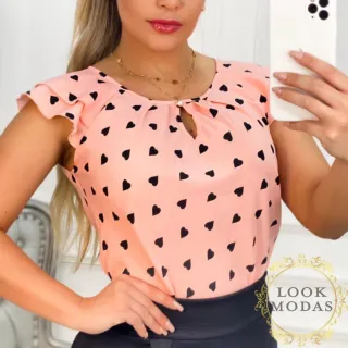 Coração Estampa Social Feminina Blusinha Crepe - Branco