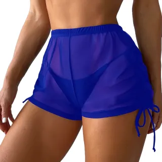 Shorts Feminino de Malha Transparente, Lisa, Cover Up - Curto - Azul