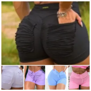 Short fitness feminino com bolso atrás e tecnologia EMPINA bumbum - Azul Royal