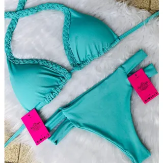 Calcinha Biquíni Hot Pant Cintura Alta Trançado Com Bojo Faixas - Calica moda praia - Rosa Escuro