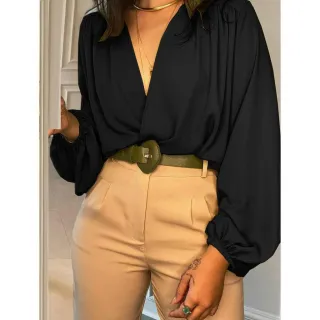 Blusa Solta Manga Longa Cropped Feminina Decote Bufante - Azul-Royal