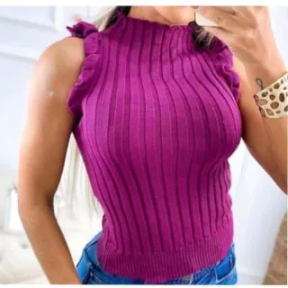 Blusinha Feminina Tricot Modal Canelado com Babado - Gola Alta - Azul Claro Com Babado