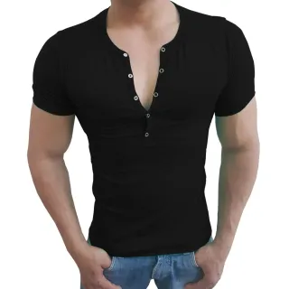 Manga Curta Camiseta Henley Slim - Botão Pressão