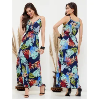 Moda verão: Vestido longo estampado com alça ajuste e cinto - Rosa