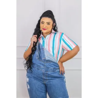 Camisa unissex listradinha com botões perfeita para a camisaria Cand Collor - M Slim