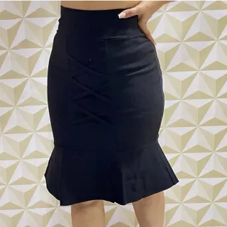 Saia Evangélica Sino Midi Feminina Babado Social Bengaline - Preto