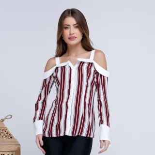 Blusa Listrada Manga Longa com Botões Frontais VV 12757 - Bordô/Branco