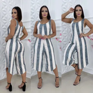 Moda feminina macacão regata pantacourt larguinho saruel - LISTRADO C /VERDE