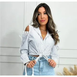Camisa Feminina Social Listrada Manga Longa com Botão - Azul