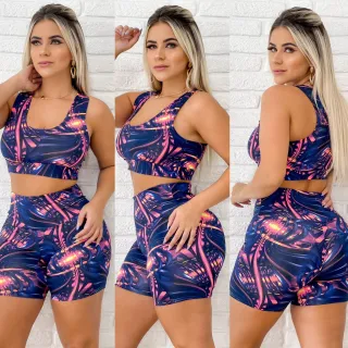 Conjunto Fitness Estampado Short com Top - Roupa de Academia - P