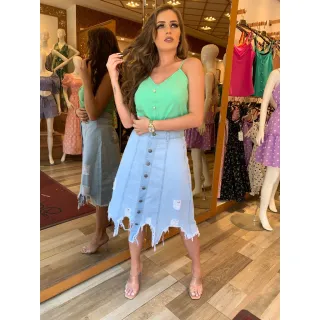 Moda evangélica: Saia midi Jeans rasgada em tom claro - JEANS CLARO