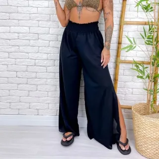 Moda Verão Feminina Calça Pantalona Luna com Fenda Lateral - Preta