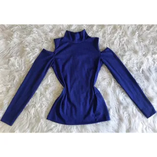 Blusa Manga Longa Feminina Básica Gola Alta Ombro Vazado De Fora - Marinho