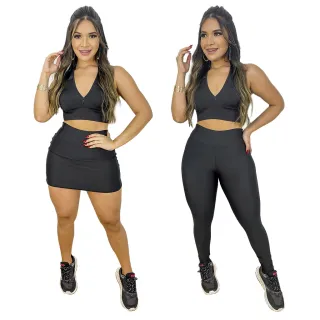 Peças Originais Academia: Conjunto Feminino com 3 Calças Legging, 3 Tops e 3 Shorts Saia - OLHO