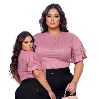 Blusa Plus Size Manga Curta Verão Tule Julia - Tamanho até 52 - BLUSINHA PLUS ROSE