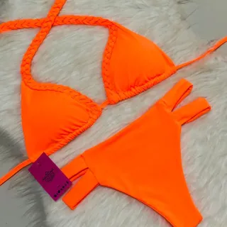 Calcinha Biquíni Hot Pant Cintura Alta Trançado Com Bojo Faixas - Calica moda praia - Rosa Escuro