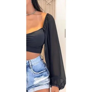 Blusinha manga longa com bojo e tule bufante Juliette - Branco