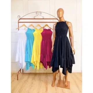 Saia Rodada Gola Alta Vestido Longo Midi Lastex - Gola azul marinho