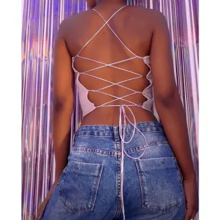 Cropped Faixa acetinado Top com costas nuas - Rosa