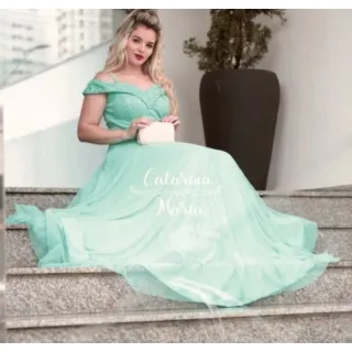 Vestido luxuoso estilo princesa ombro a ombro marsala, vermelho, verde e tifany - Serenity