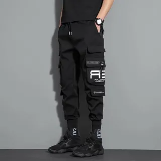 Street Hip-Hop Calça Cargo Masculina com Fitas Impressas Casual - Preto
