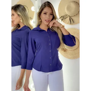 Pronta Entrega Camisa Social Feminina Slim Fit Manga 3/4 Premium Luxo - Azul Marinho
