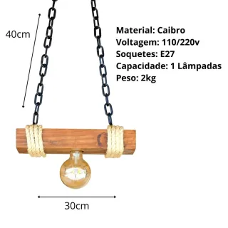 Pendente de Madeira Rustica Moderno Bivolt 110v/220v - Luminária Lustre de Teto - Único