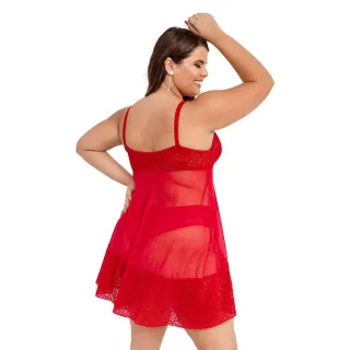 Camisola Plus Size Aurora Em Renda E Tule Sem Bojo - IMI Lingerie - Preto