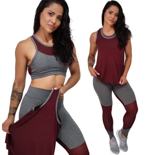 Roupa Academia Camiseta Regata Calça Legging Top Bojo Fitness Kit - Chocolate