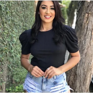 Super Moda Blusa Canelada Feminina Princesa Manga Curta Bufante - Branco