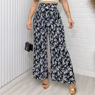 Moda Feminina: Calça Plissada Floral Pantalona com Cinto Amarrada - Preto