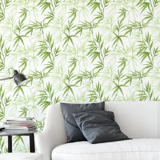 Rolo Vinílico Adesivo Folhagem de Bambu Verde Branco - Para Sala, Quarto e Escritório - Único