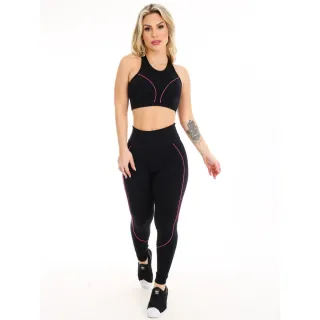 Top Fitness Academia e Conjunto Calça Legging SEM TRANSPARÊNCIA - Preto com Pink