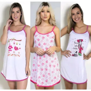 Pijama Baby Doll de malha fresquinha alcinha - Estampa variada