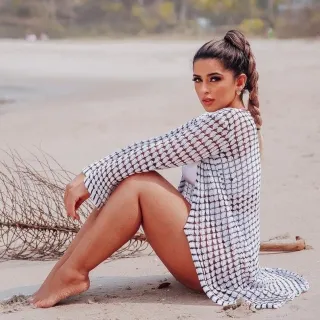 Manga Longa Tricô Kimono Feminino Saída de Praia - Branco