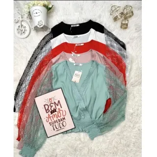 Blusa Feminina Manga Longa com Elástico na Cintura em Renda - Vermelha