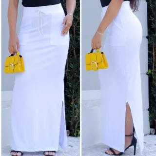 Fenda Lateral Saia Longa Feminina com Bolso e Cordão - Preto