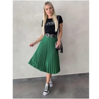 Moda Evangélica - Saia Plissada Mid - Azul Marinho