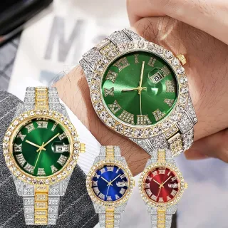 Relógio Masculino Hip Hop Quartz Diamante Cravejado Ice HYAKKI - Gold&Green