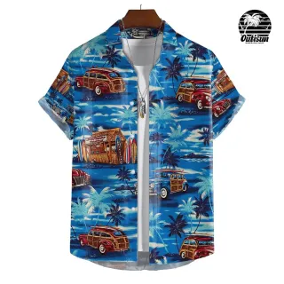 Tamanho Europeu Esticado Camisa de Manga Curta Masculina com Impressão de Coco - E01-ZZ10131