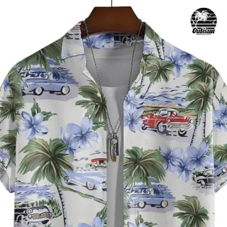 Tamanho Europeu Esticado Camisa de Manga Curta Masculina com Impressão de Coco - E01-ZZ10131